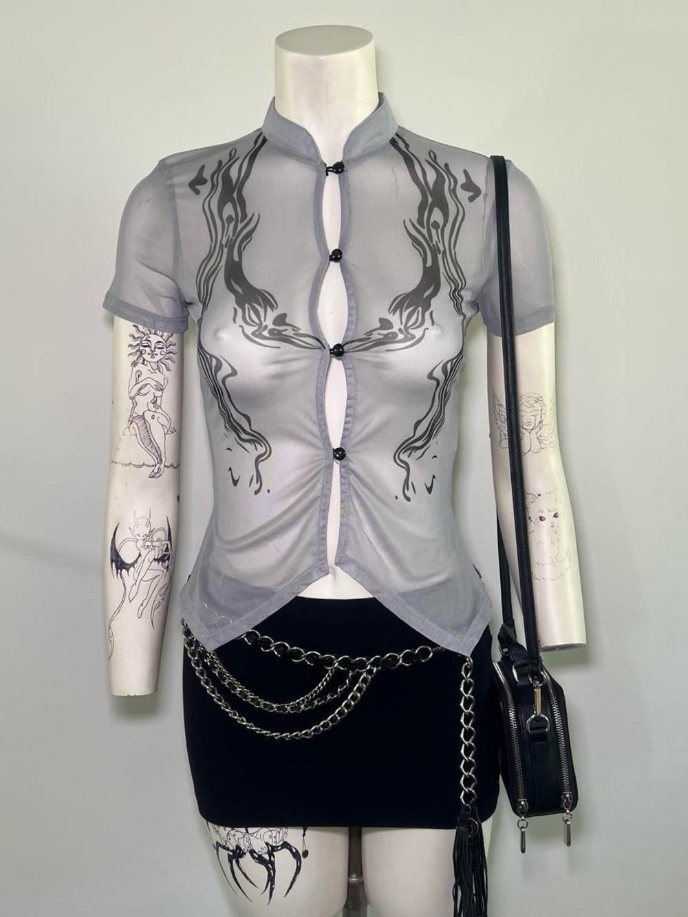 Blue Mesh Top with Black Graphics